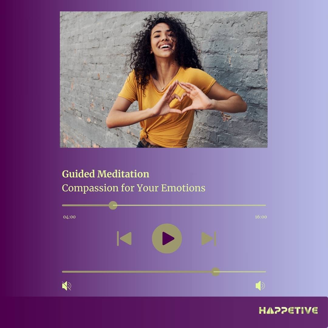 Audio player interface showing Guided Meditation titled Compassion for your emotions with image of a young beautiful women making a heart sign with her hands, part of Happetive's Guided Meditation collection.