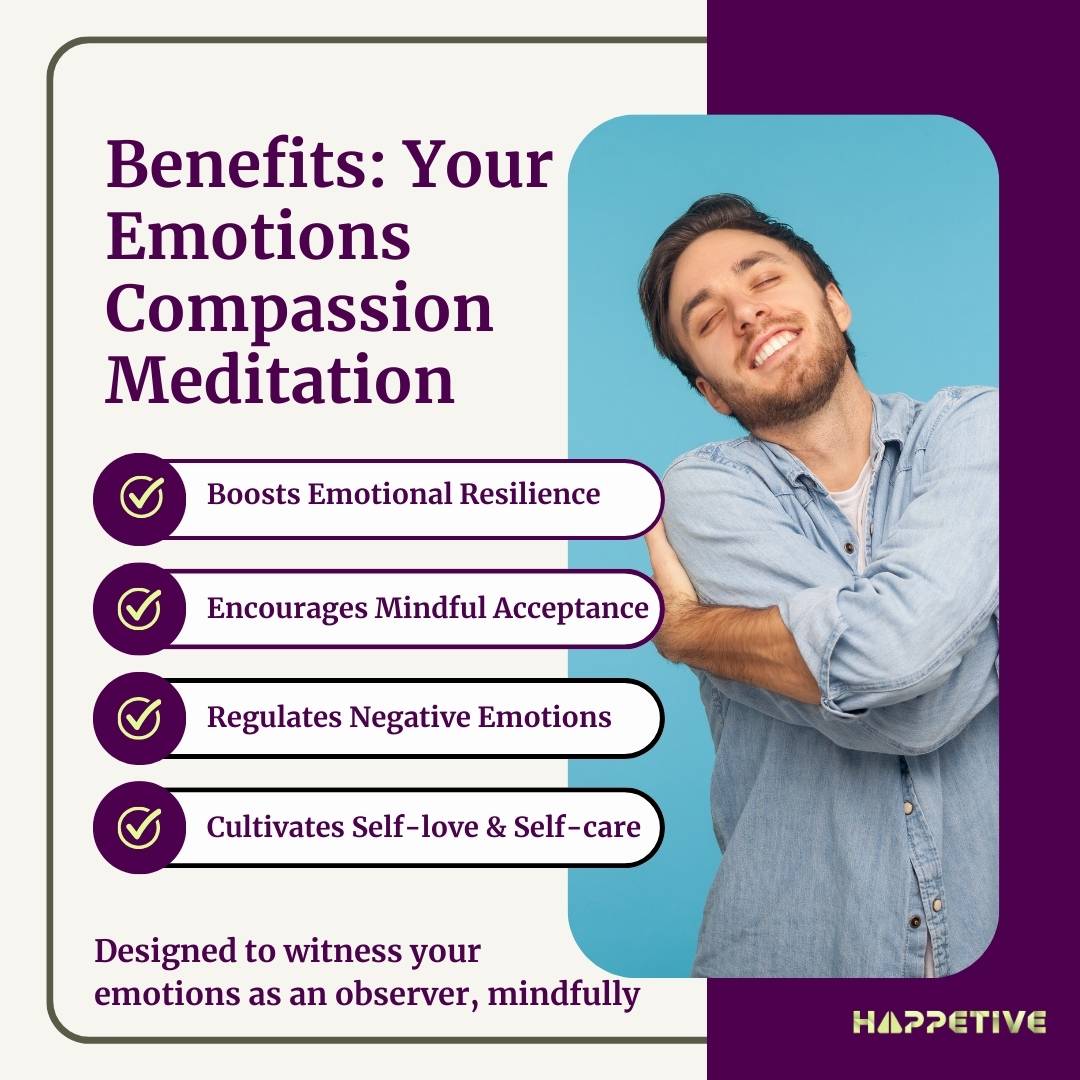 A men hugging himself with a smile showing benefits of compassion for your emotions meditation by Happetive.