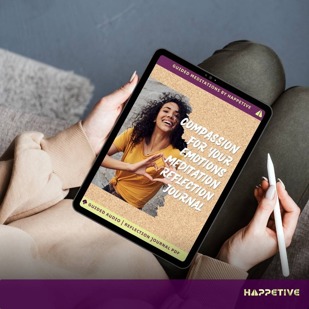 Digital reflection journal for Compassion for your emotions Meditation displayed on a tablet, showing a woman writing her thoughts, part of Happetive's guided meditation experience.