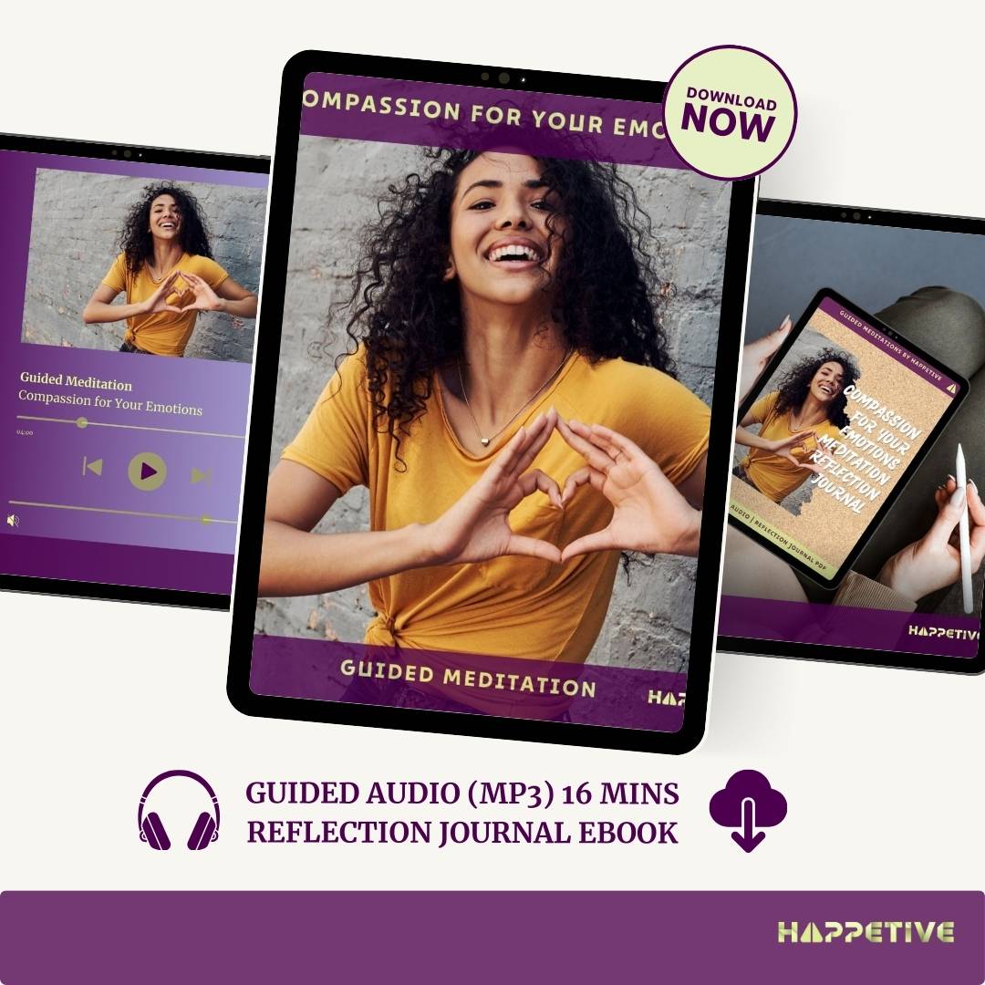 Digital display of Compassion for your emotions guided meditation download including 16-minute audio and reflection journal eBook - Happetive.