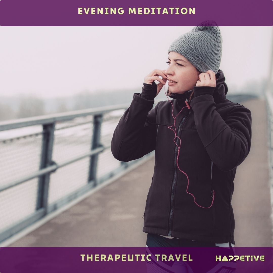 A young women walking near the river bridge listening to evening meditation - therapeutic travel Happetive