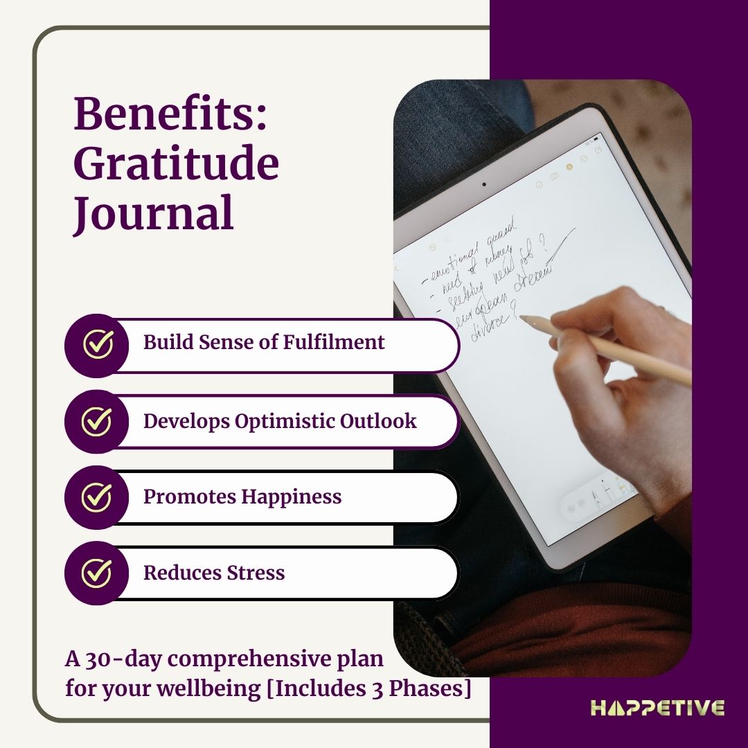 Someone journaling using the digital pen on an ipad explaining benefits of gratitude journal - Happetive