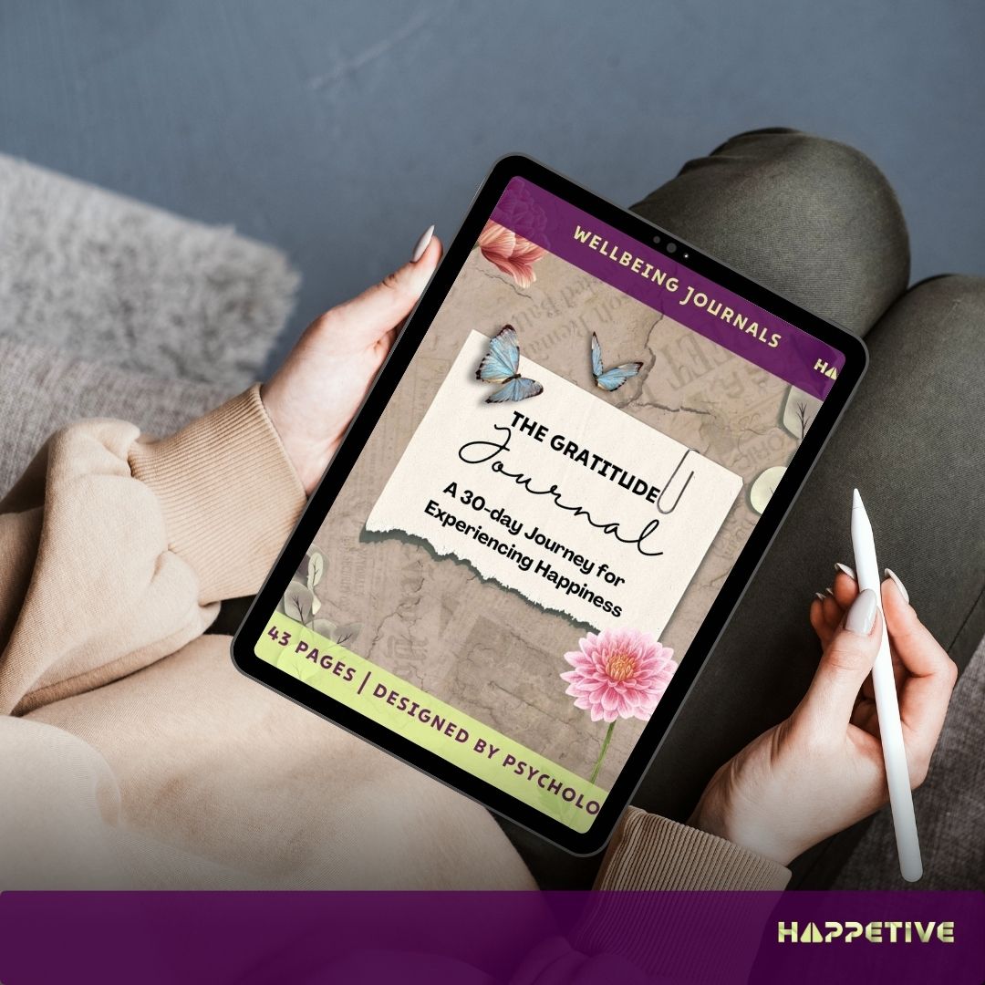 Digital wellbeing journal for gratitude displayed on a tablet, showing a woman writing her thoughts, part of Happetive's wellbeing journals.