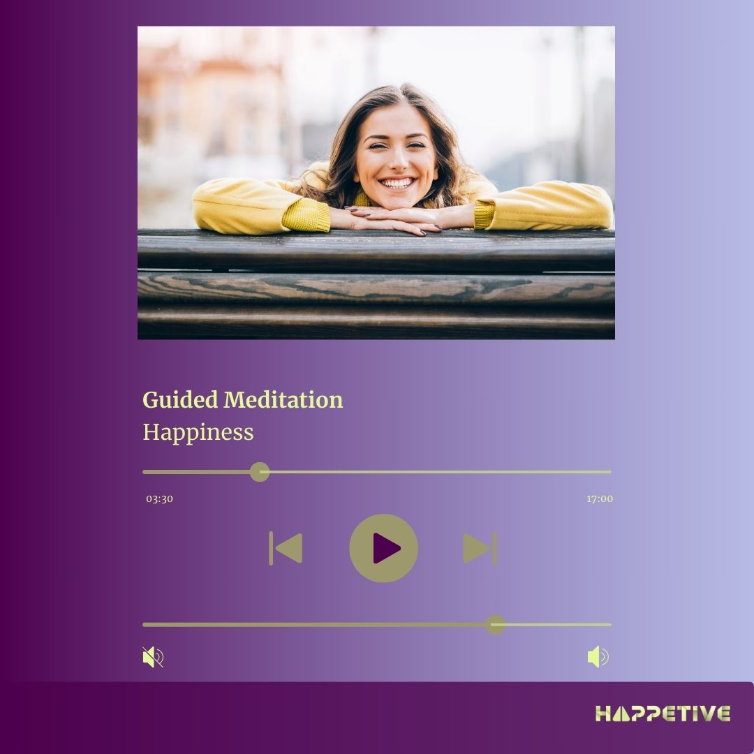 Audio player interface showing Guided Meditation titled Happiness with an image of a women feeling happy, part of Happetive's Guided Meditation collection.