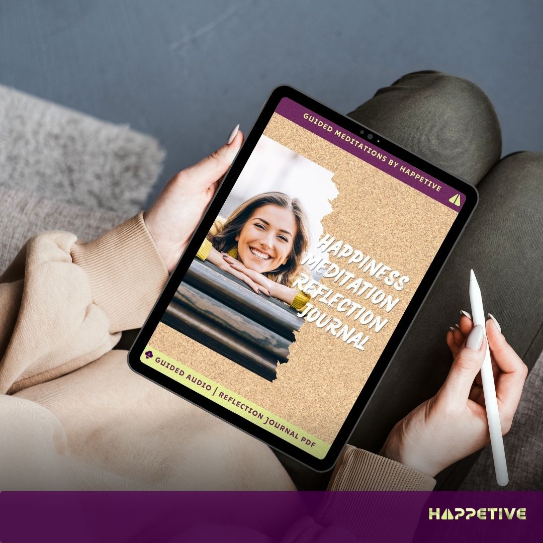 Digital reflection journal for Happiness Meditation displayed on a tablet, showing a woman writing her thoughts, part of Happetive's guided meditation experience.