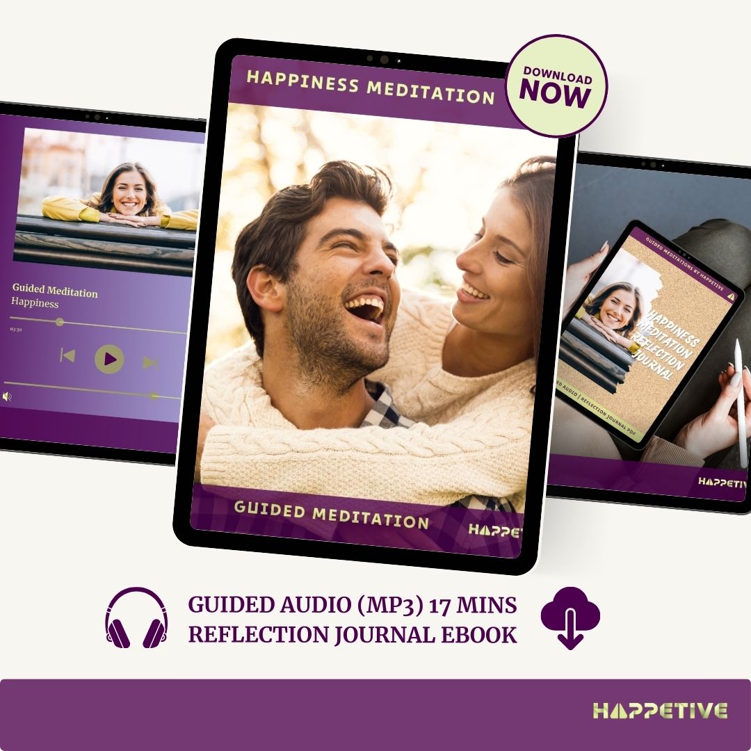 Digital display of Happiness guided meditation download including 17-minute audio and reflection journal eBook - Happetive.