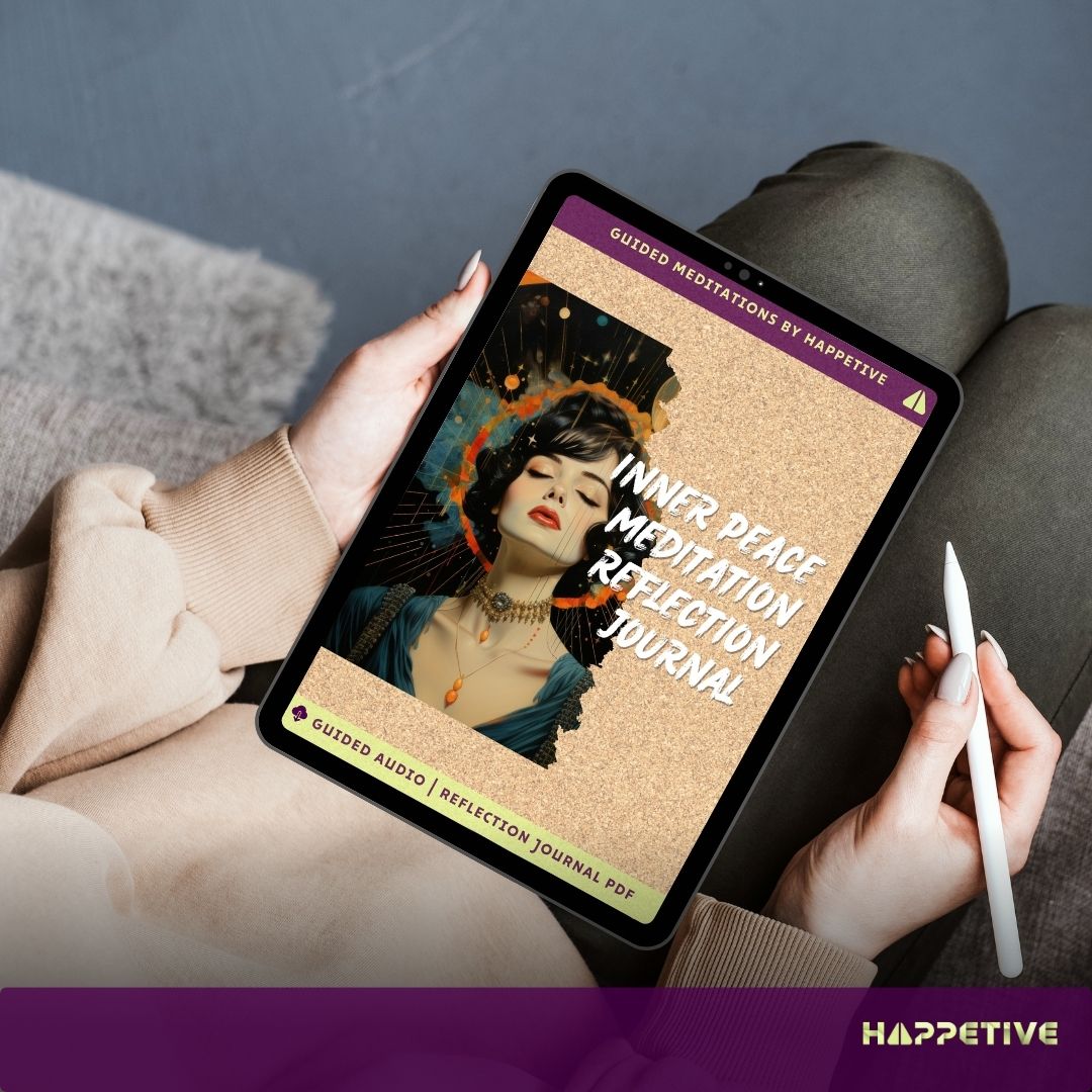 Digital reflection journal for Inner Peace Meditation displayed on a tablet, showing a woman writing her thoughts, part of Happetive's guided meditation experience.