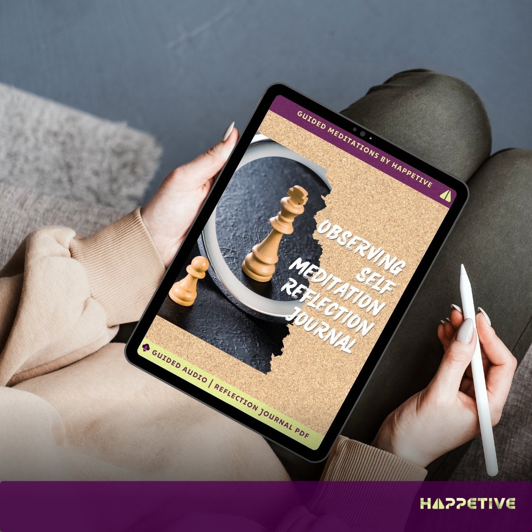 Digital reflection journal for Observing Self Meditation displayed on a tablet, showing a woman writing her thoughts, part of Happetive's guided meditation experience.