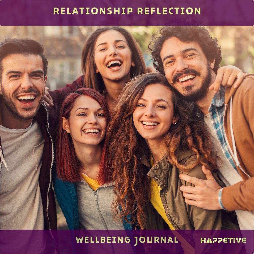A group of friends in a vibrant setup wearing jackets and hoodies, all looking happy demonstrating relationship reflection wellbeing journal by Happetive
