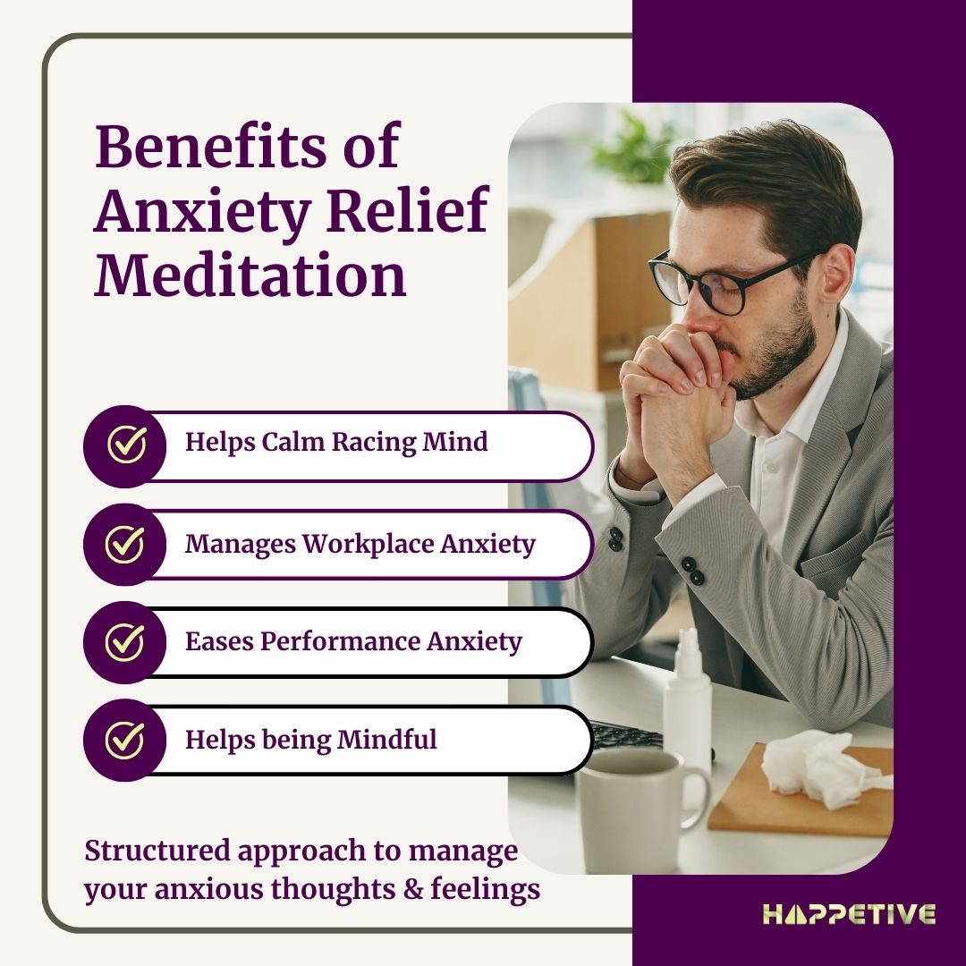 A young professional feeling worried and then experiencing benefits of anxiety relief meditation to manage workplace anxiety and calm the racing mind - Happetive