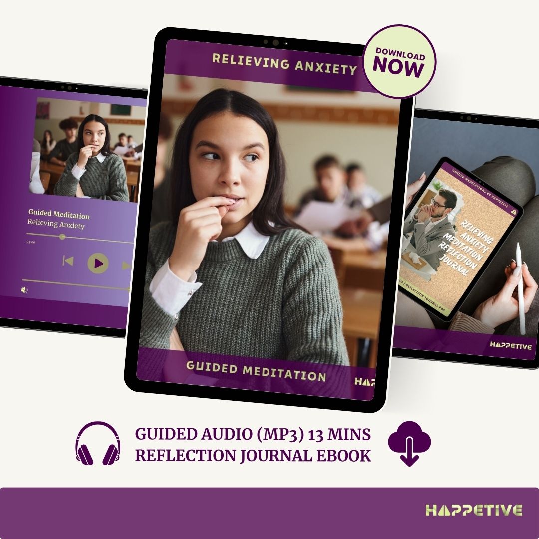 Digital display of Relieving Anxiety guided meditation download including 13-minute audio and reflection journal eBook - Happetive.