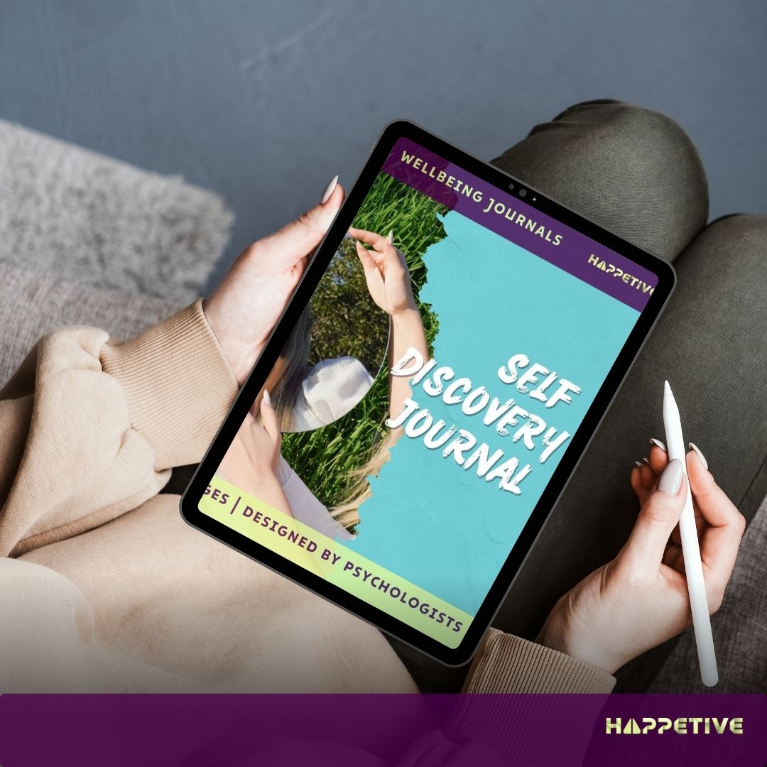 Digital copy for Self discovery journal displayed on a tablet, showing a woman writing her thoughts, part of Happetive's wellbeing journal.
