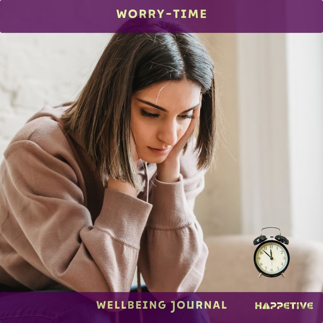 A women looking worried and a alarm clock to keep the timer for worry time as wellbeing journal - Happetive