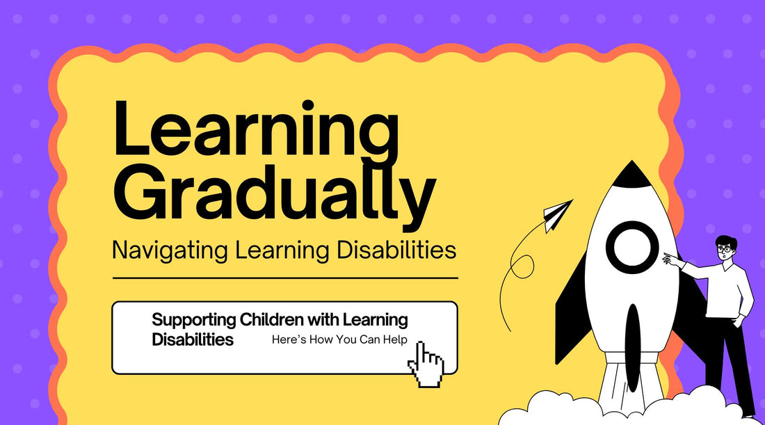 An illustrator showing a young man next to a standing rocket, about to fly. Message on Learning Gradually – Navigating Learning Disabilities