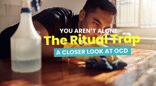 A young man disinfecting a kitchen counter at home - The message explains about the ritual trap that anyone with OCD experiences. 