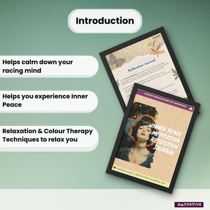 Guided meditation audio and customized reflection journal for calming your mind, reducing racing thoughts, and achieving inner peace by Happetive