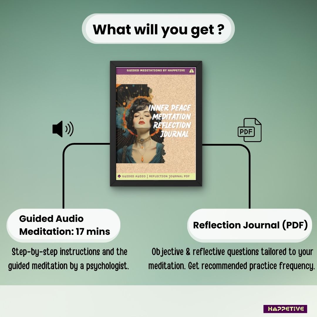 Guided meditation audio and customized reflection journal for calming your mind, reducing racing thoughts, and achieving inner peace by Happetive