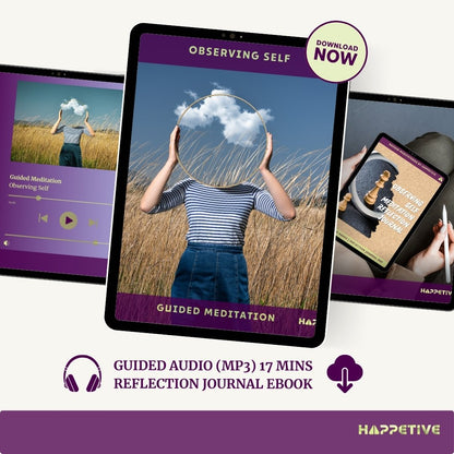 Digital display of Observing Self guided meditation download including 17-minute audio and reflection journal eBook - Happetive.