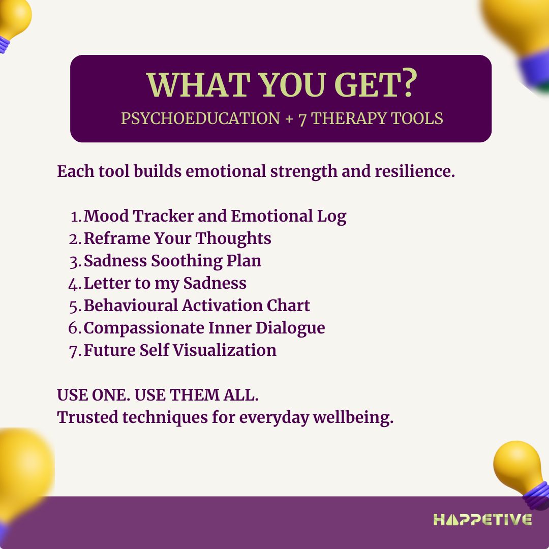 Promotional graphic for psychoeducation and therapy tools with a purple banner and yellow balloons.