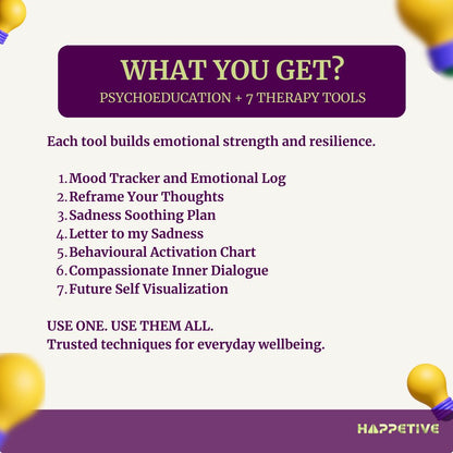 Promotional graphic for psychoeducation and therapy tools with a purple banner and yellow balloons.