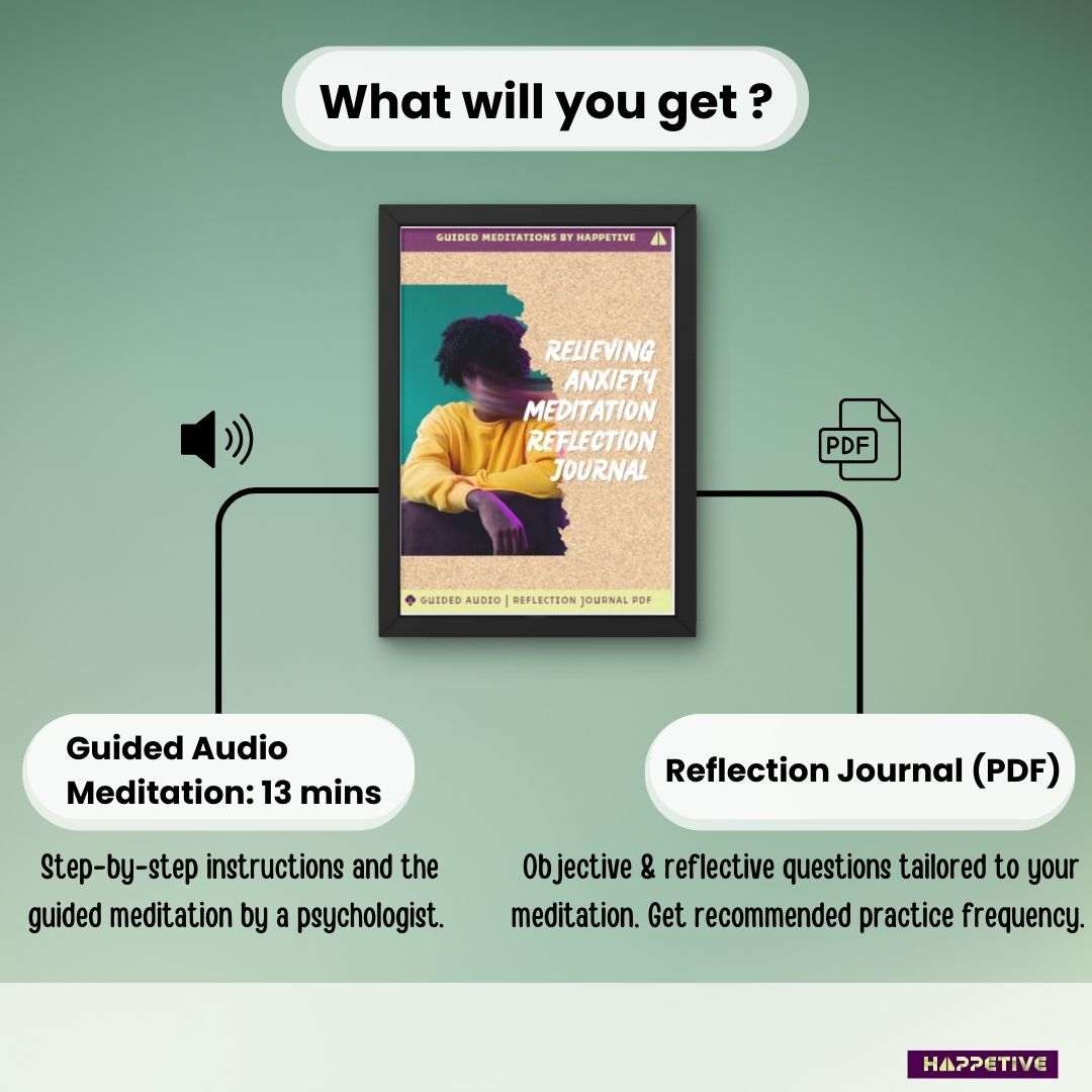 Guided meditation audio and customized reflection journal for relieving anxiety, calming the mind, and managing workplace anxiety by Happetive.