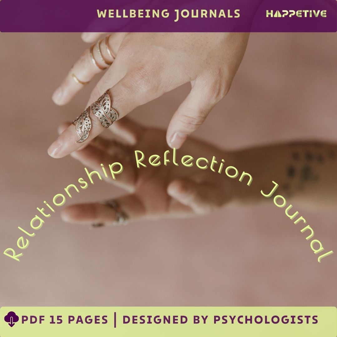 The Relationship Reflection Journal by Happetive, featuring guided prompts for deepening understanding of personal connections.