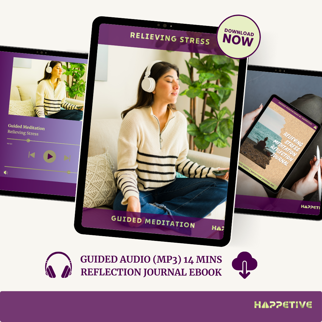 Guided Audio and Reflection Journal in an ebook provided by Happetive for Relieving Stress Meditation
