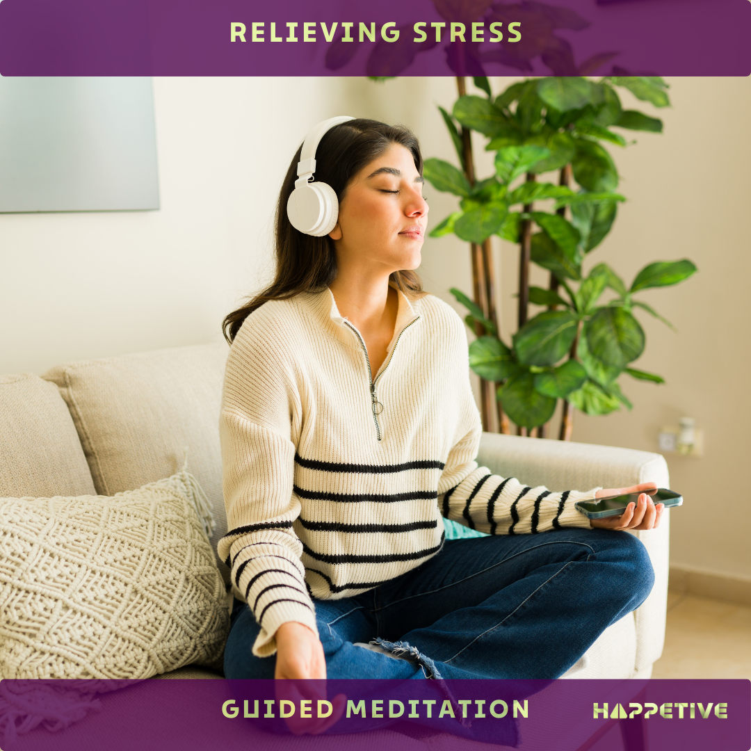 A lady listening to a meditation to relieve stress by Happetive