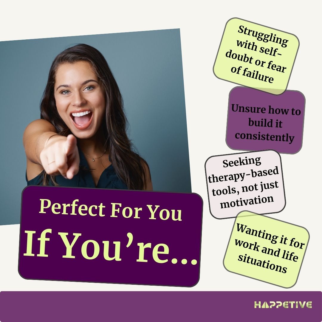 Woman pointing forward with motivational text and 'Happetive' branding on a purple background