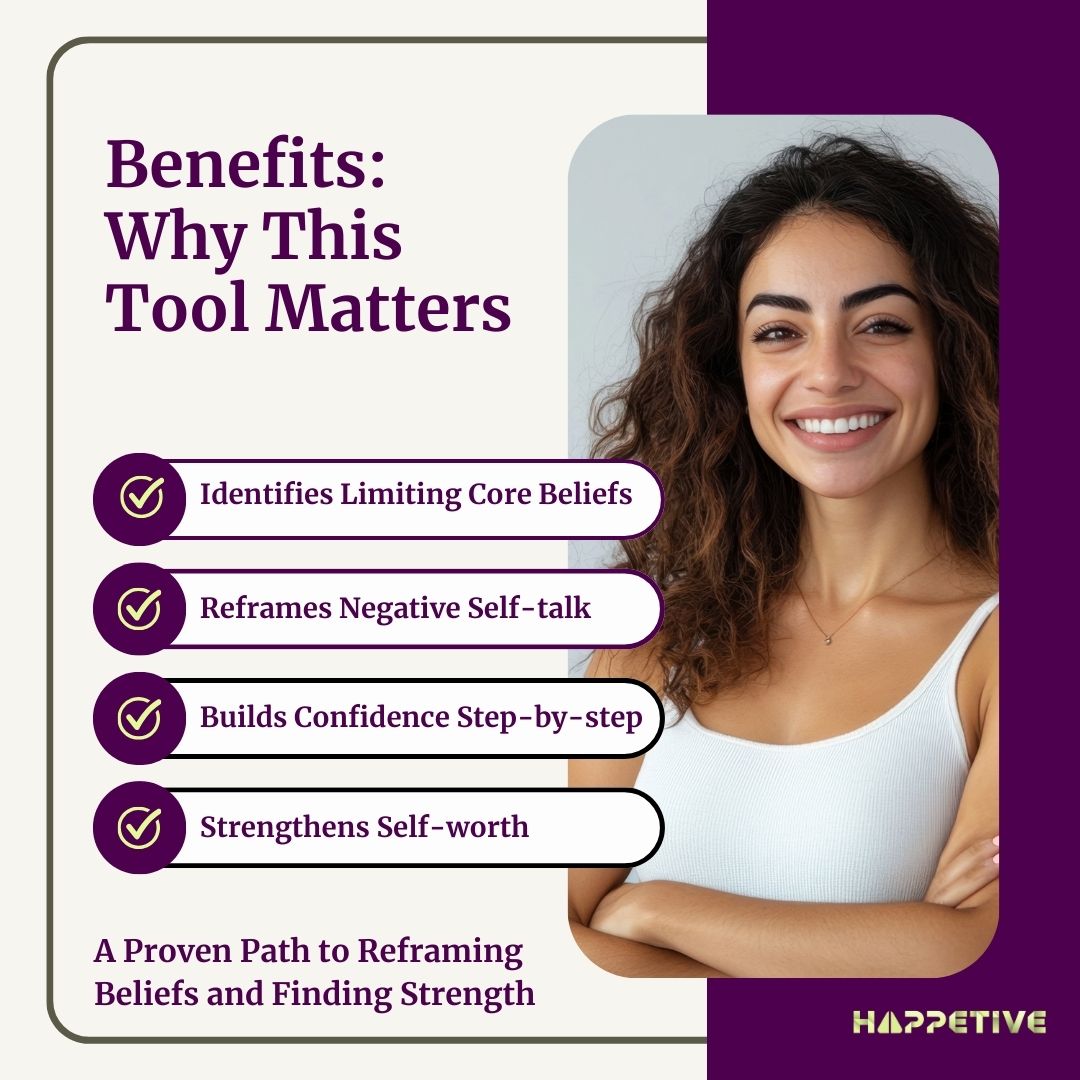 Woman with text on benefits of a tool, with Happetive branding