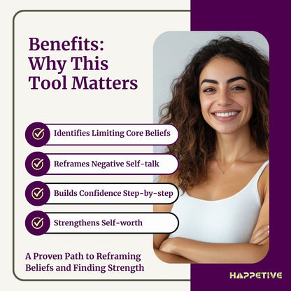 Woman with text on benefits of a tool, with Happetive branding
