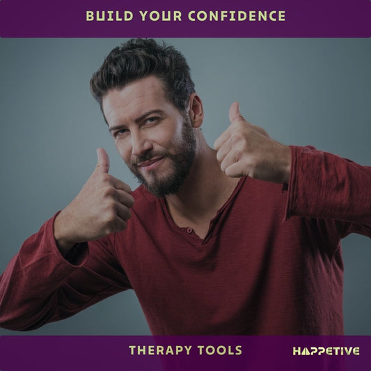 Man giving thumbs up with motivational text 'Build Your Confidence' and 'Happetive' branding.