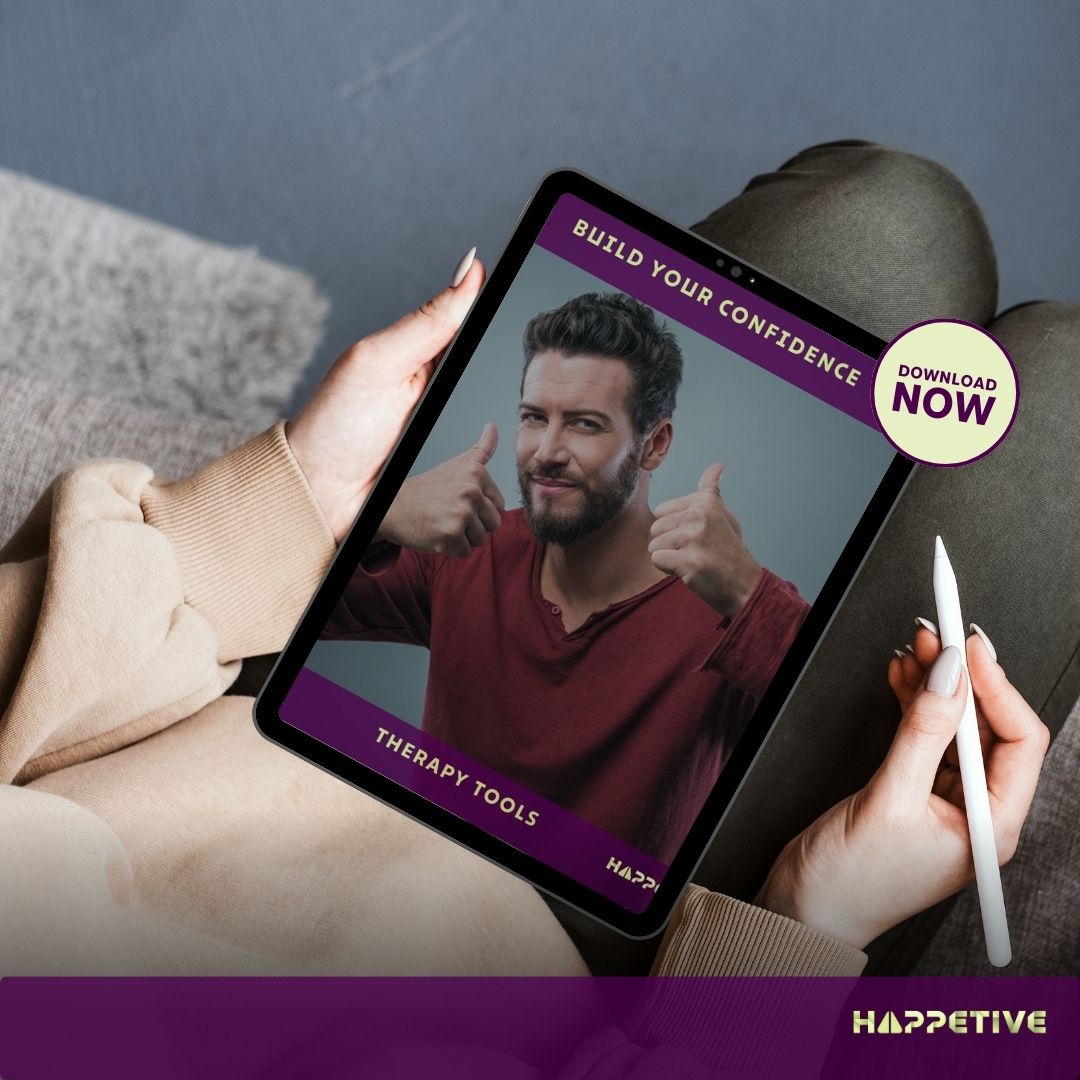 Person using a tablet with a therapy app on a purple background, featuring the Happetive brand.