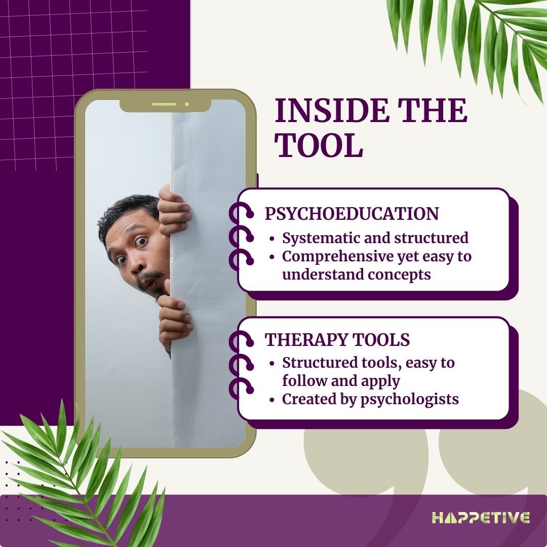 Person peeking from behind a phone with text about psychoeducation and therapy tools on a purple background.