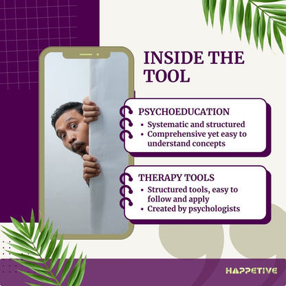 Person peeking from behind a phone with text about psychoeducation and therapy tools on a purple background.