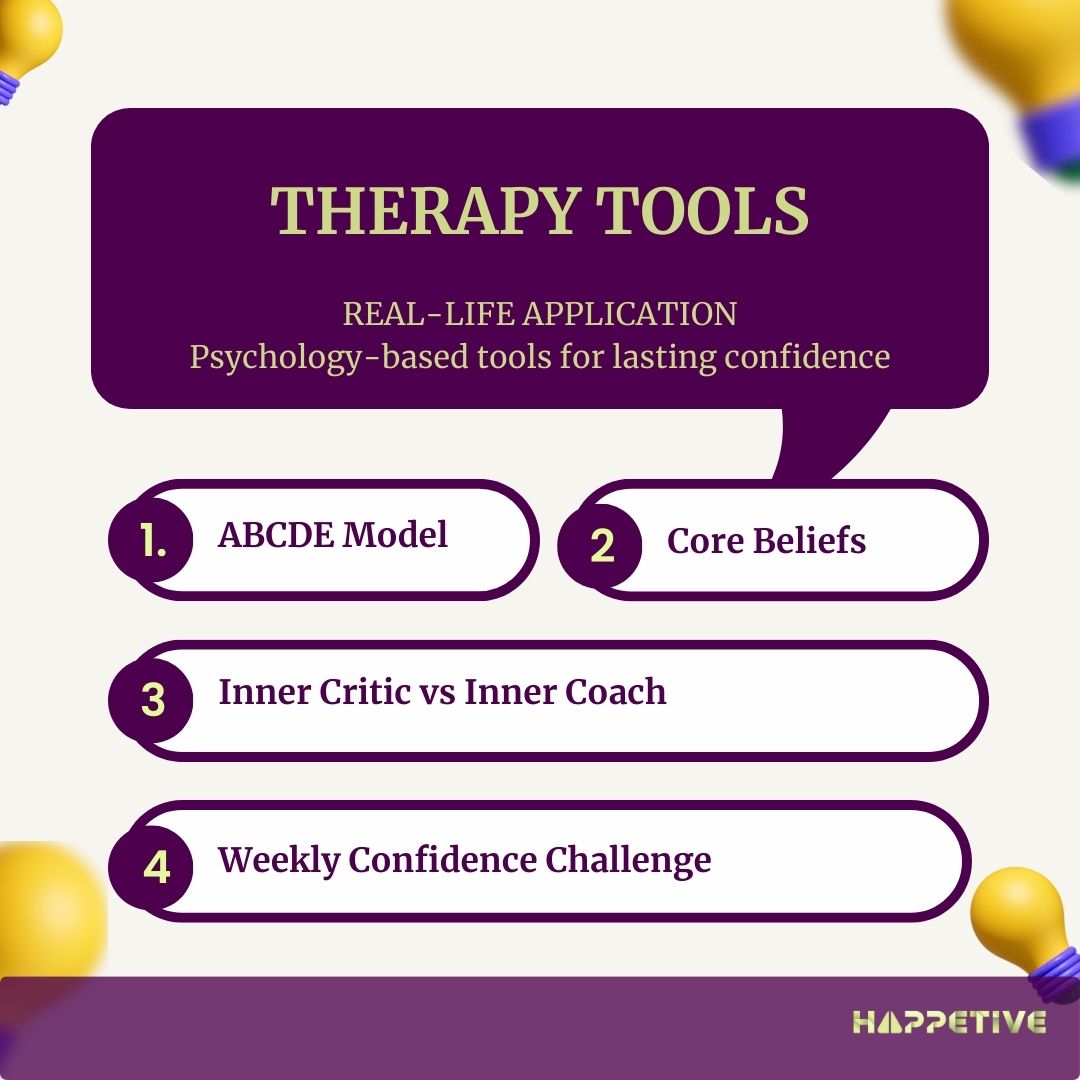 List of therapy tools for confidence with a purple background and yellow light bulbs.