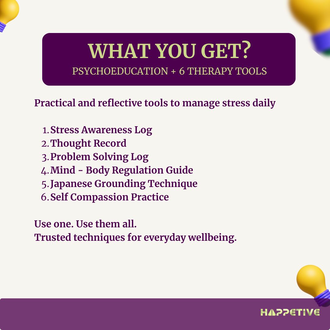 Promotional graphic for psychoeducation and therapy tools with a list of included items and branding.