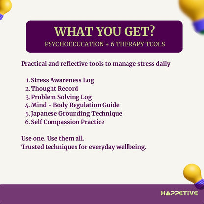 Promotional graphic for psychoeducation and therapy tools with a list of included items and branding.
