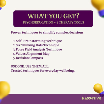 Promotional graphic for psychoeducation and therapy tools with a list of techniques and branding at the bottom.