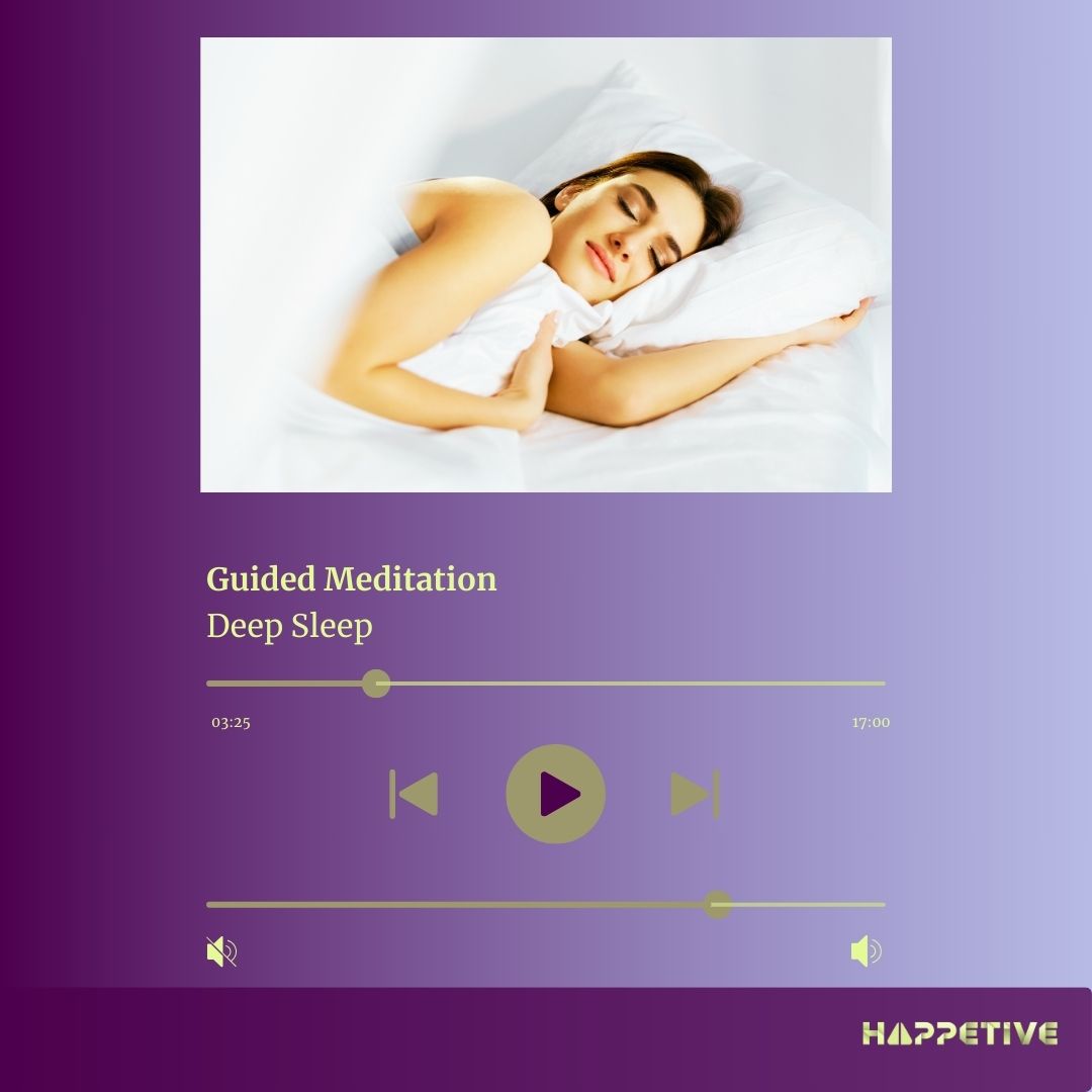 Audio player interface showing Guided Meditation titled Deep Sleep  with an image of a women sleeping peacefully, part of Happetive's Guided Meditation collection.