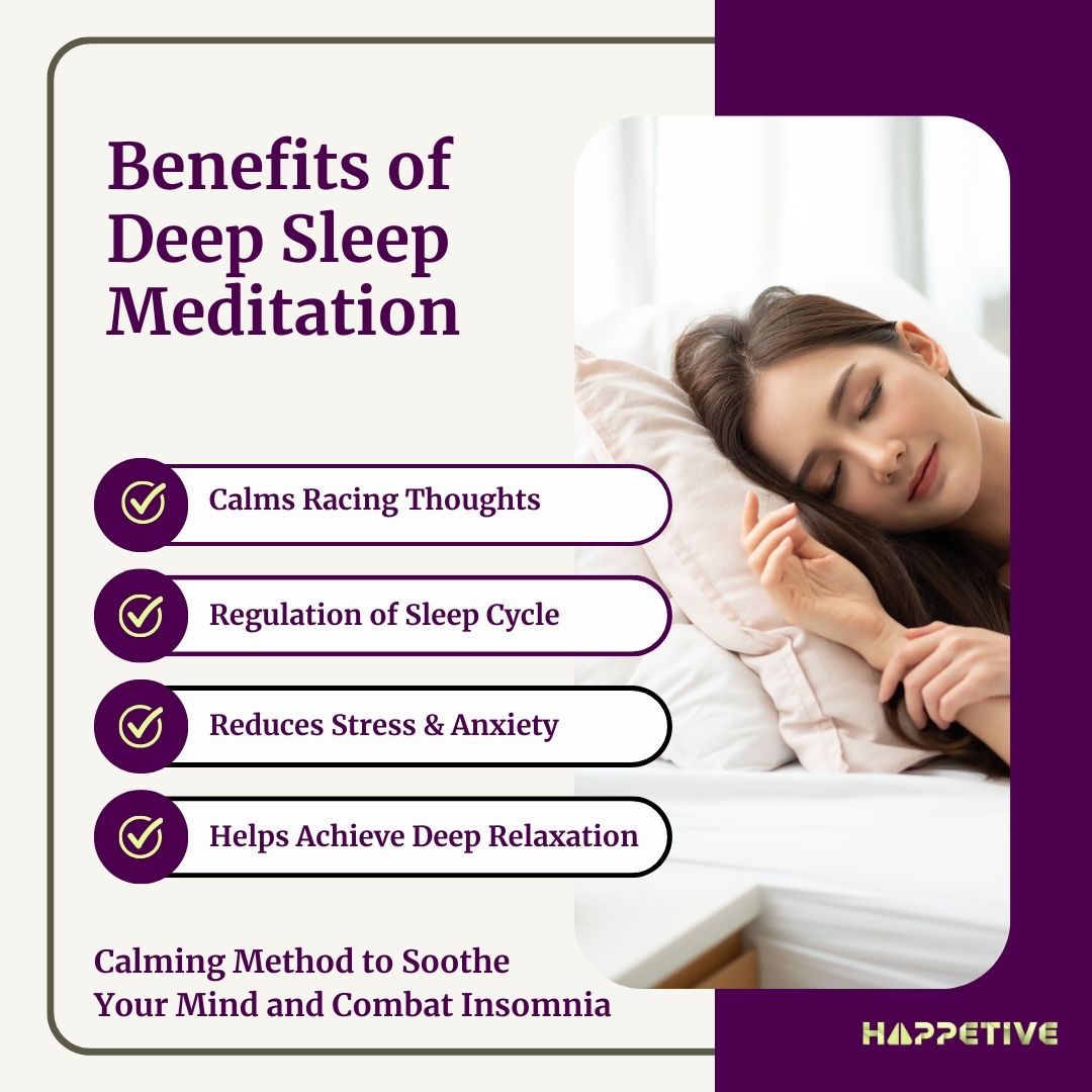 A women peacefully sleeping and highlighting benefits like calming racing thoughts, regulating sleep cycles, reducing stress and anxiety and achieving deep relaxation.