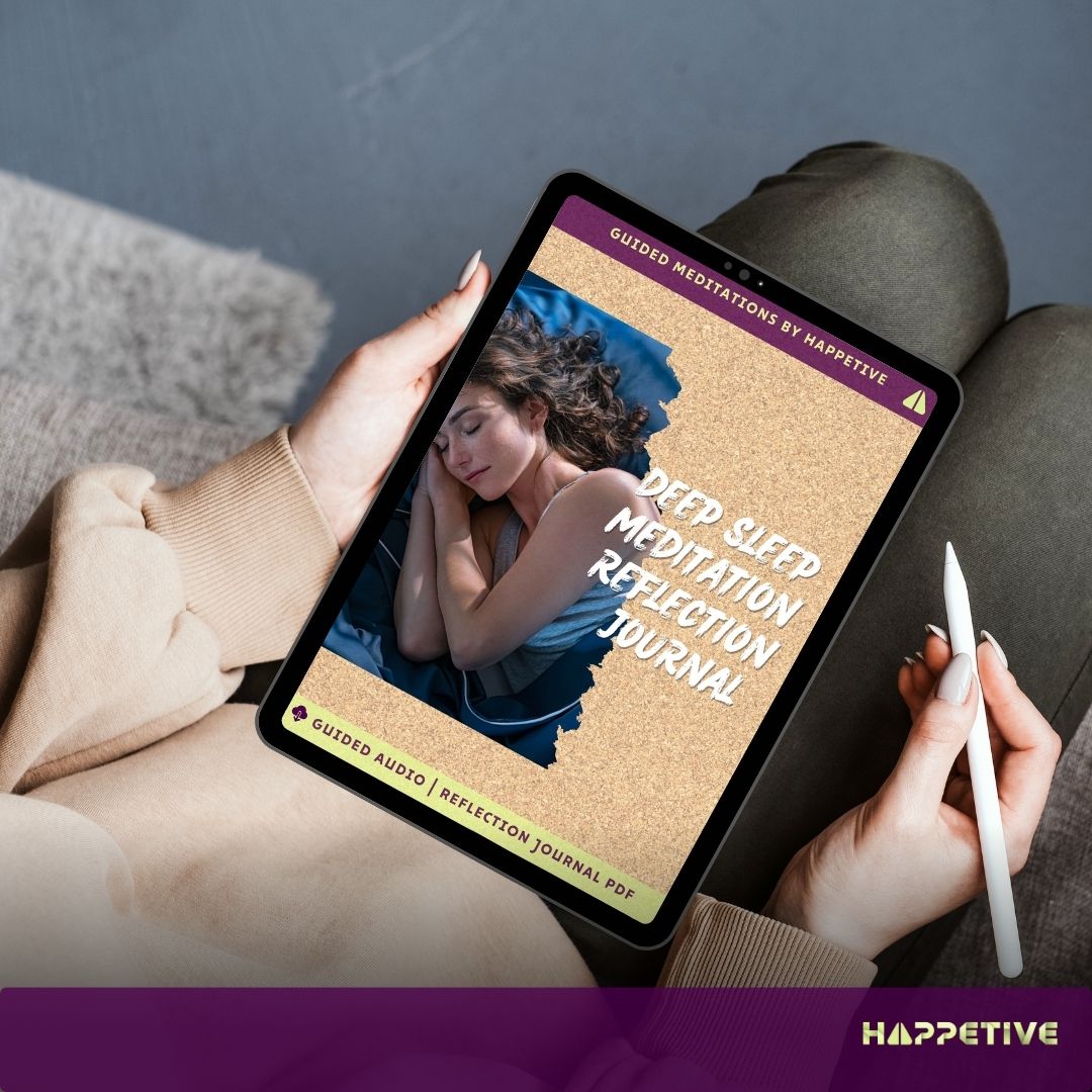 Digital reflection journal for Deep Sleep Meditation displayed on a tablet, showing a woman writing her thoughts, part of Happetive's guided meditation experience. 