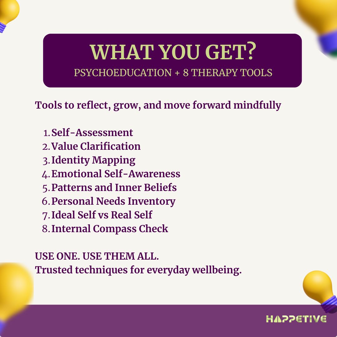 Promotional graphic for psychoeducation and therapy tools with a list of techniques and Happetive branding.