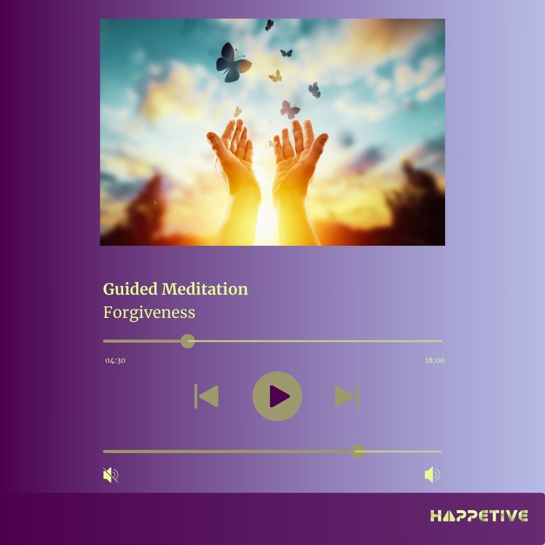 Audio player interface showing Guided Meditation titled Forgiveness with butterfly release from hands let it go imagery, part of Happetive's Guided Meditation collection.