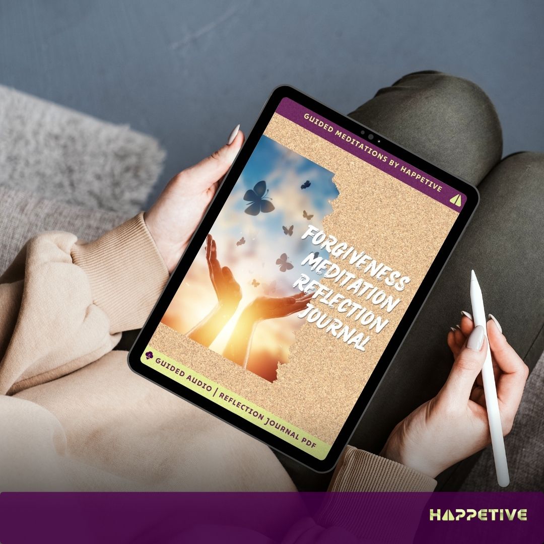 Digital reflection journal for Forgiveness Meditation displayed on a tablet, showing a woman writing her thoughts, part of Happetive's guided meditation experience. 