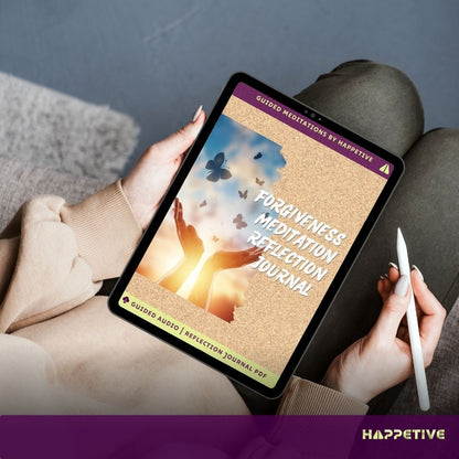 Digital reflection journal for Forgiveness Meditation displayed on a tablet, showing a woman writing her thoughts, part of Happetive's guided meditation experience. 