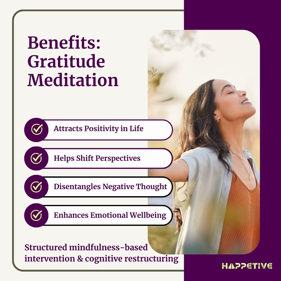 A happy women spreading her arms in an open field embracing gratitude meditation - Happetive