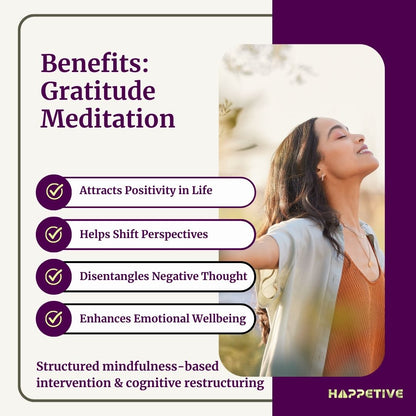 A happy women spreading her arms in an open field embracing gratitude meditation - Happetive