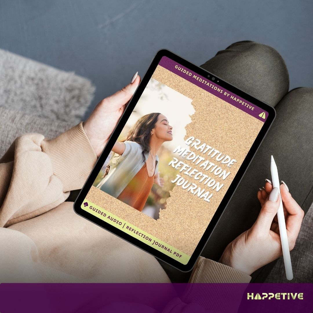 Digital reflection journal for Gratitude Meditation displayed on a tablet, showing a woman writing her thoughts, part of Happetive's guided meditation experience. 