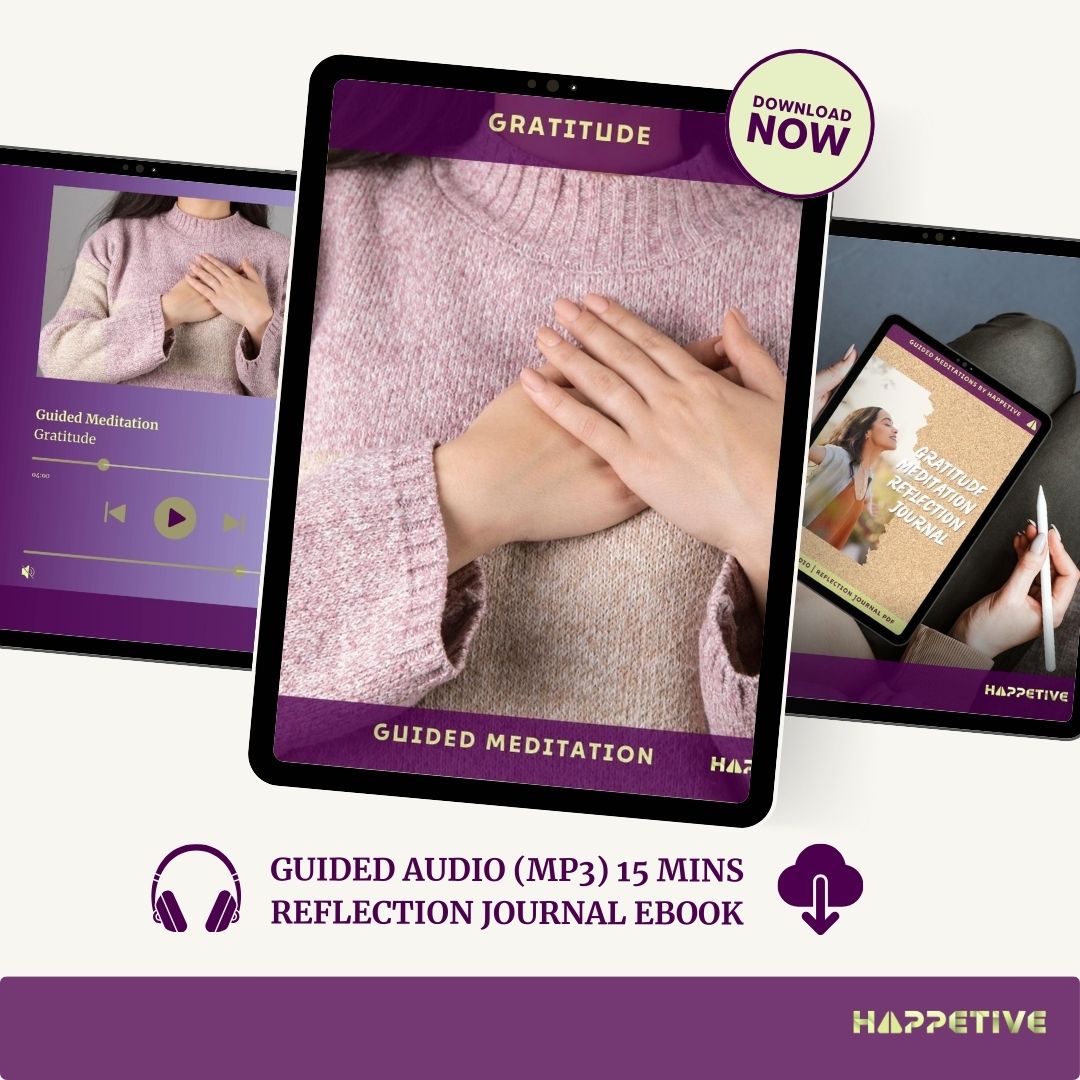 Digital display of Gratitude guided meditation download including 15-minute audio and reflection journal eBook - Happetive.